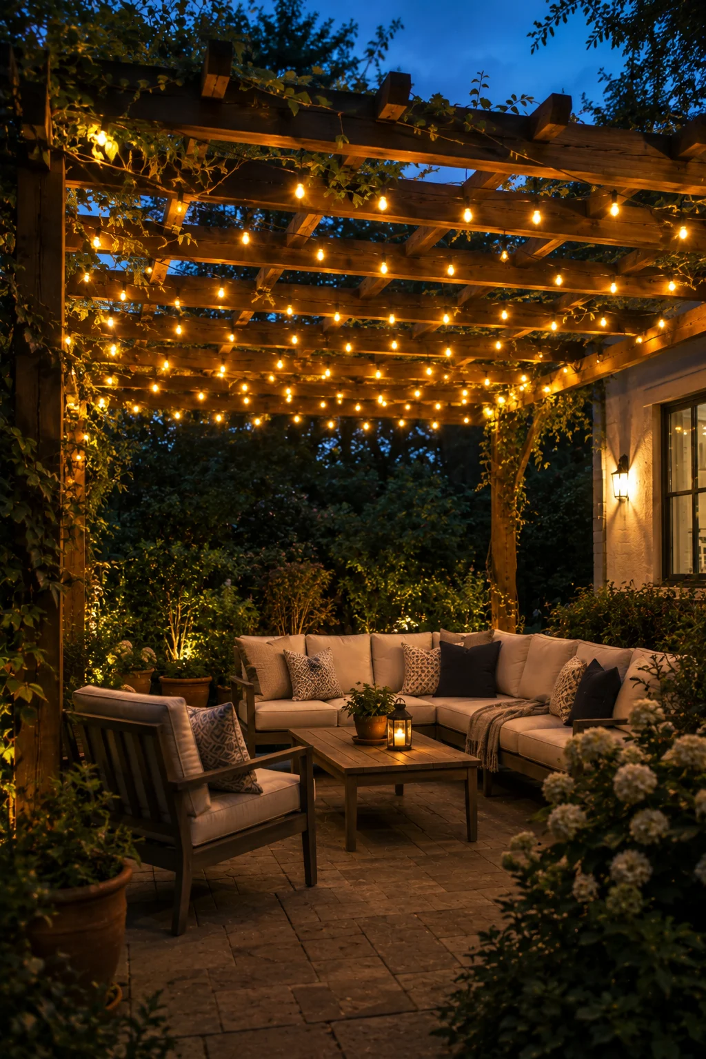 string lights pergola garden idea