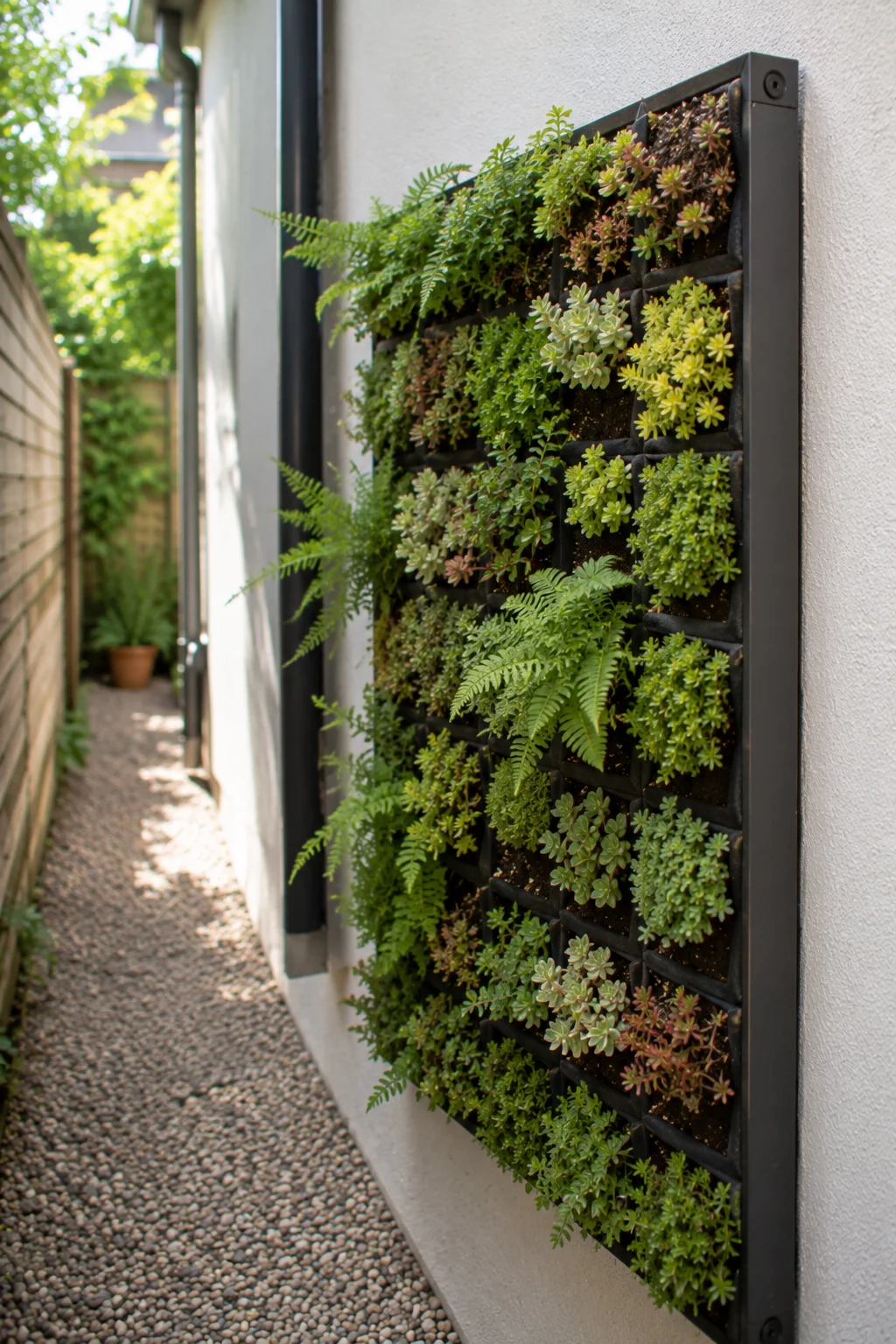 Narrow living wall panel installed in a tight garden space