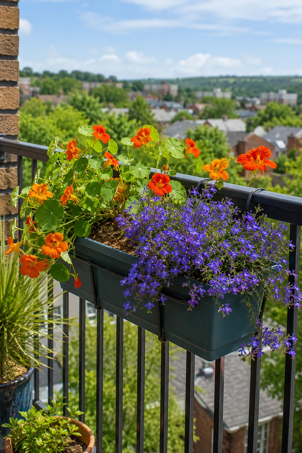 Rail planter with trailing flowers on a small balcony railing