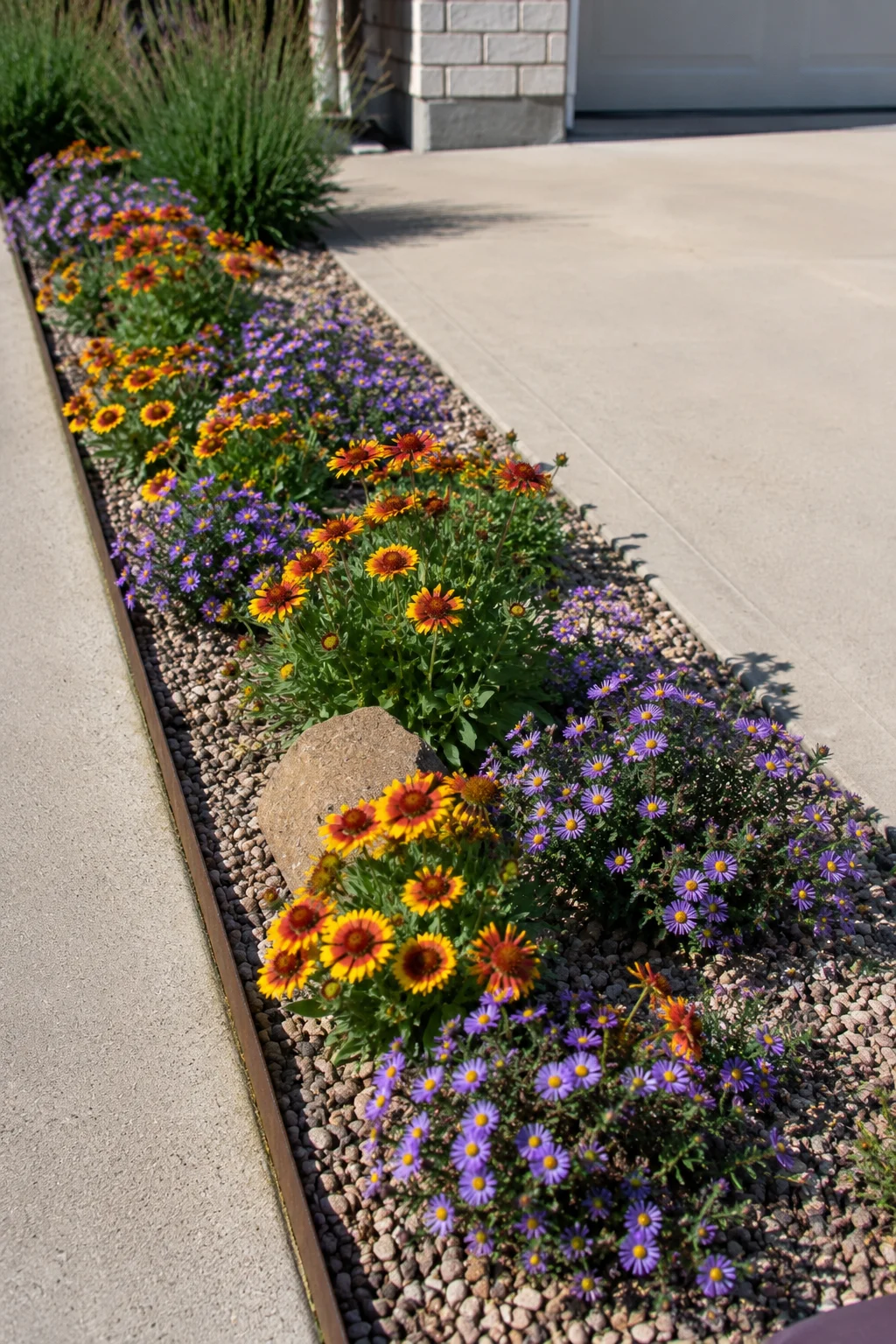 Pollinator planting strip replacing a mowed lawn edge along a driveway