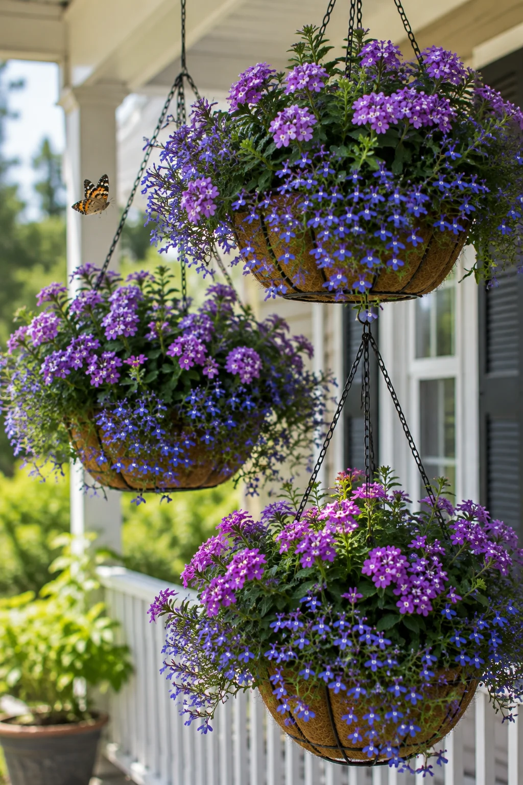 Hanging basket trio planted with pollinator-friendly trailing flowers