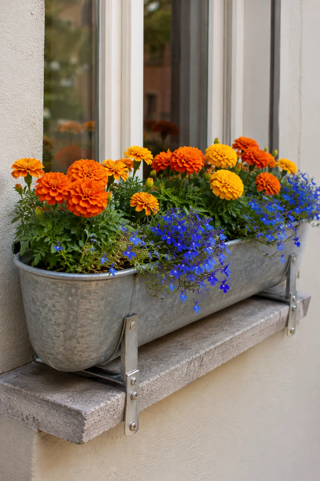 Window ledge trough planter in a narrow garden space
