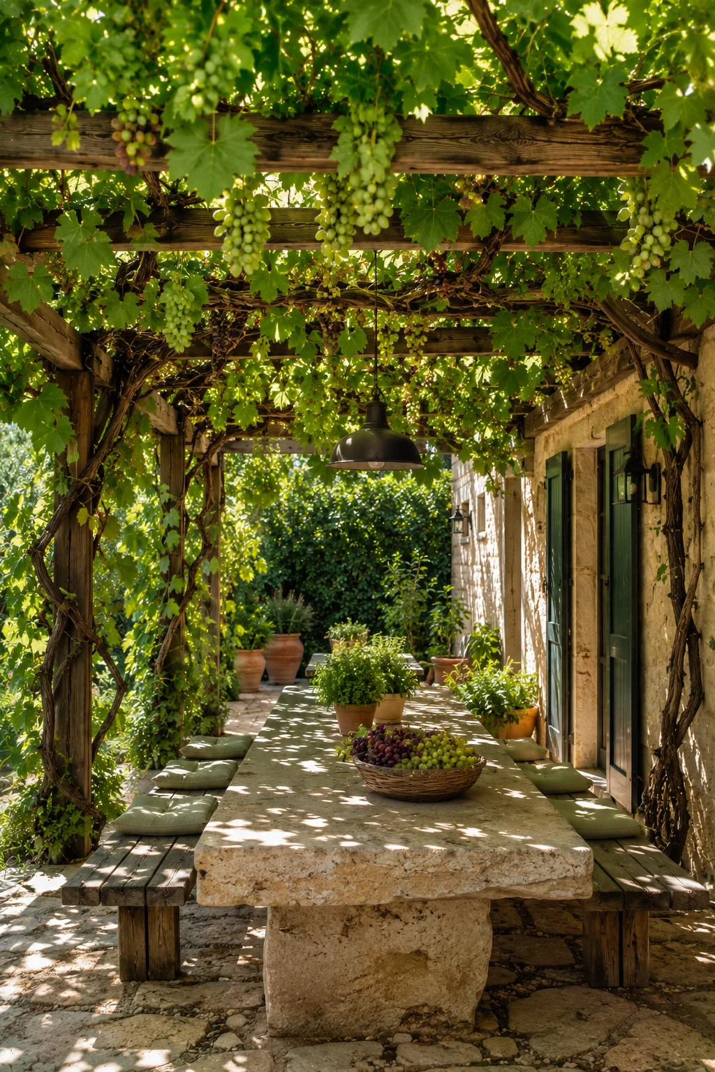 grapevine covered pergola Mediterranean garden idea