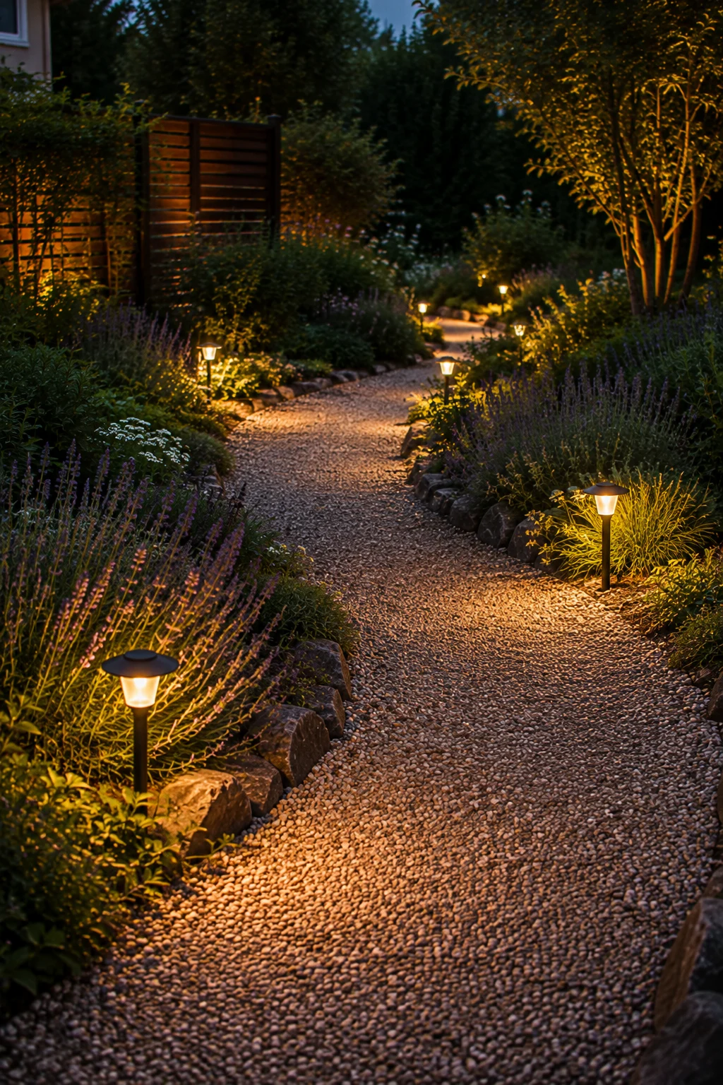 solar path lights gravel walkway idea