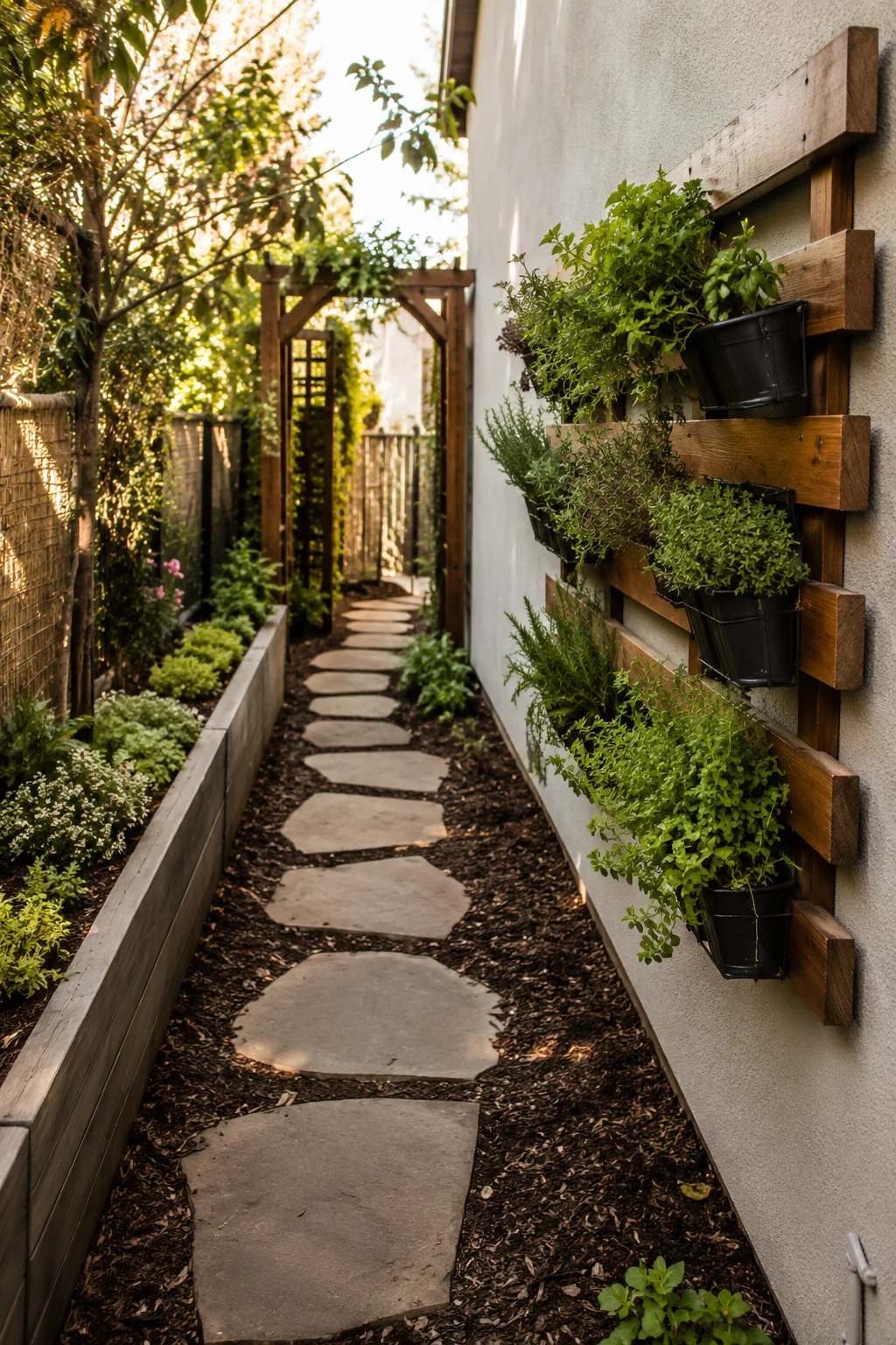 Narrow side yard garden with curved path and vertical herb rail