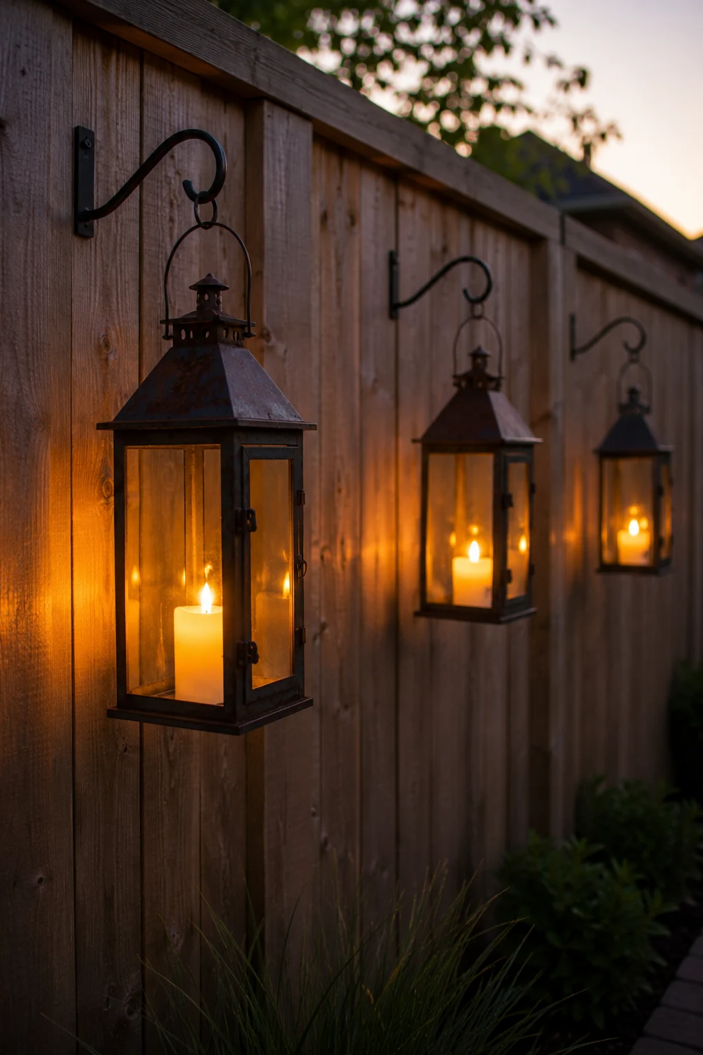 Lanterns with LED candles hanging from hooks on a backyard fence