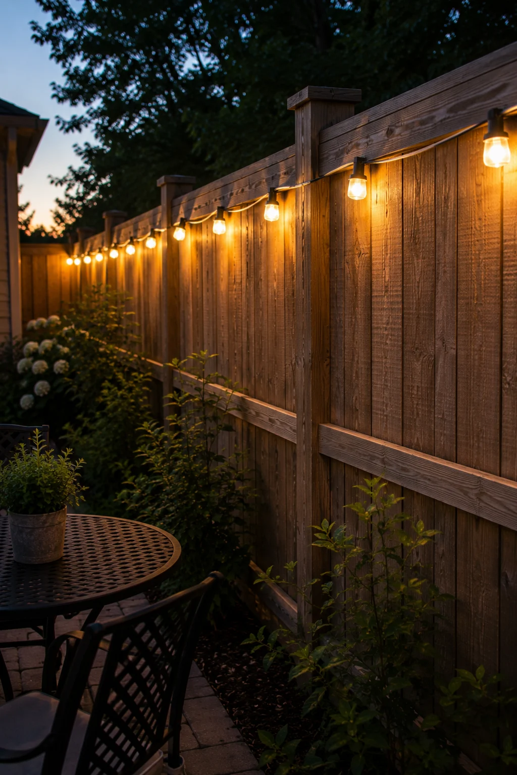 Solar string lights along the top rail of a backyard fence at dusk