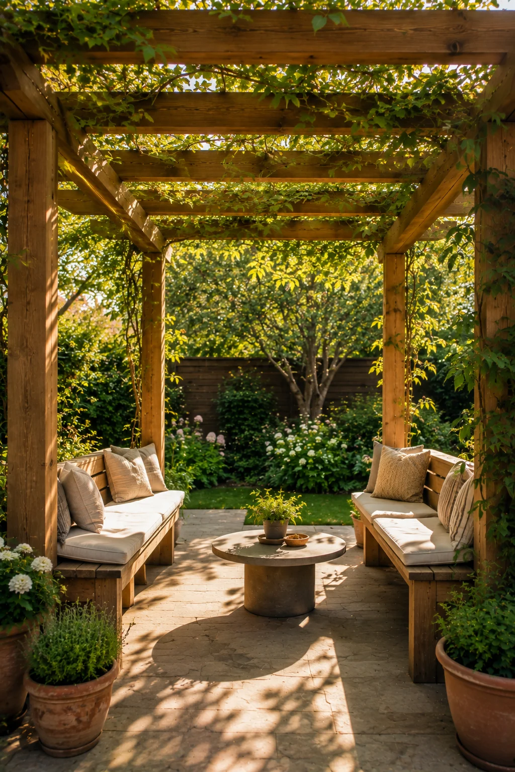 built in bench seating pergola garden idea