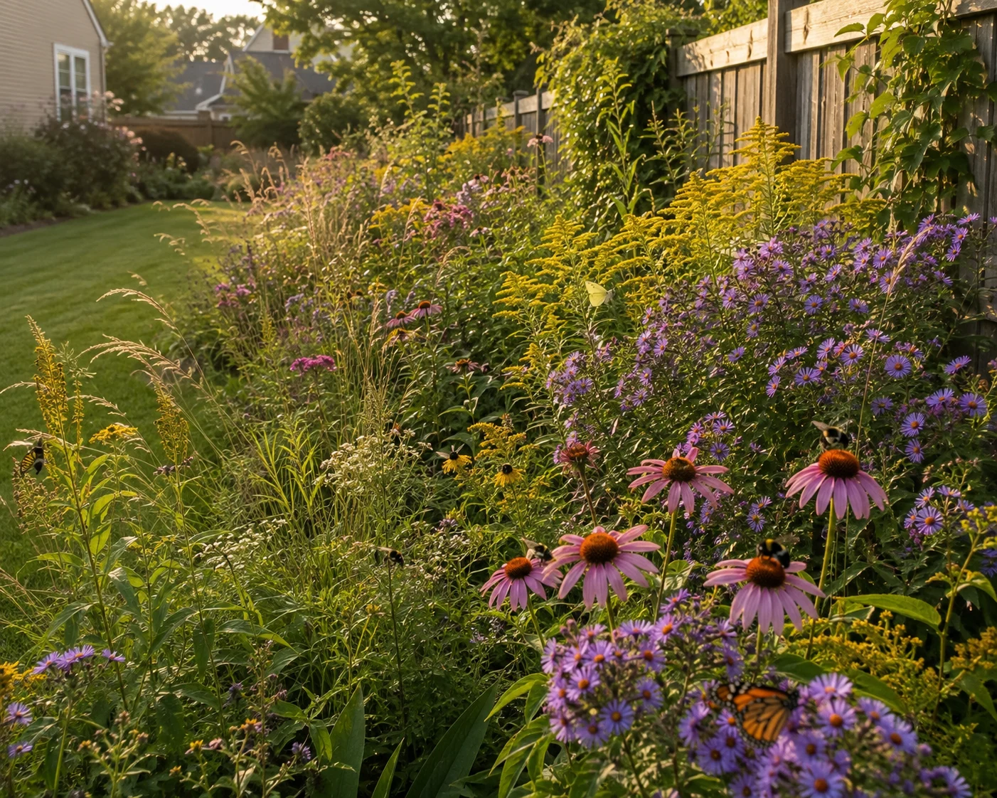 established pollinator corridor suburban garden three years goldenrod asters coneflower grasses bees butterflies late summer