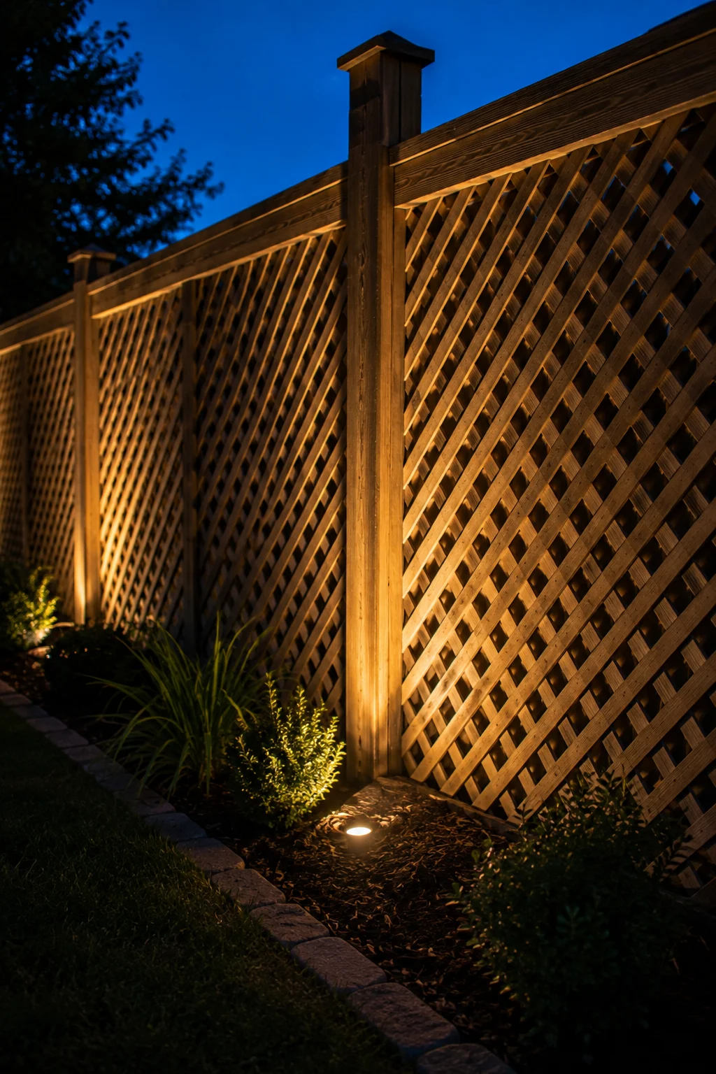 Lattice fence panel lit with warm uplighting at night