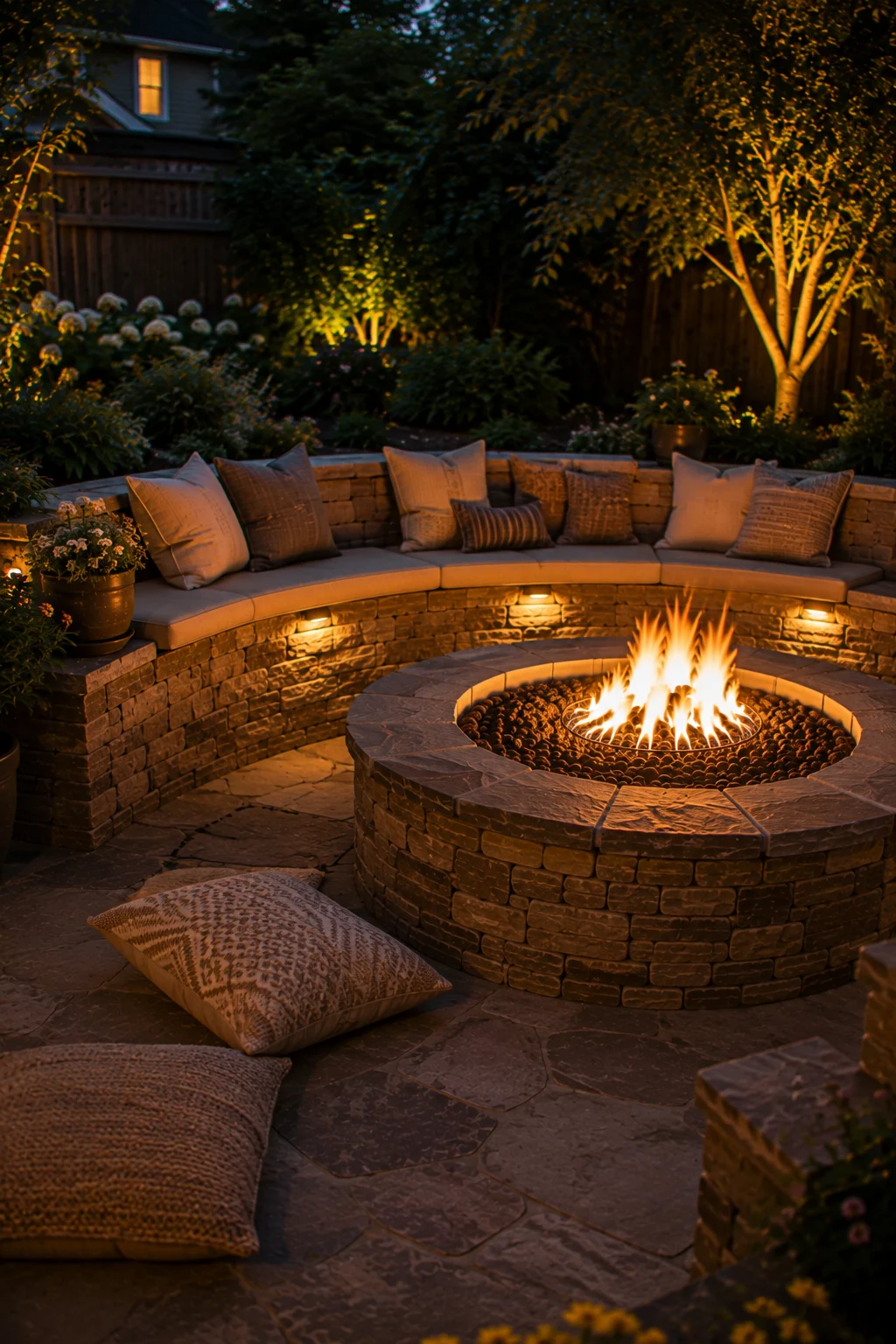 weatherproof cushions floor pillows fire pit seating idea