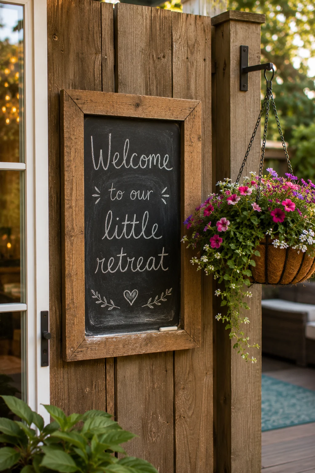 Framed chalkboard panel with welcome message on a backyard fence