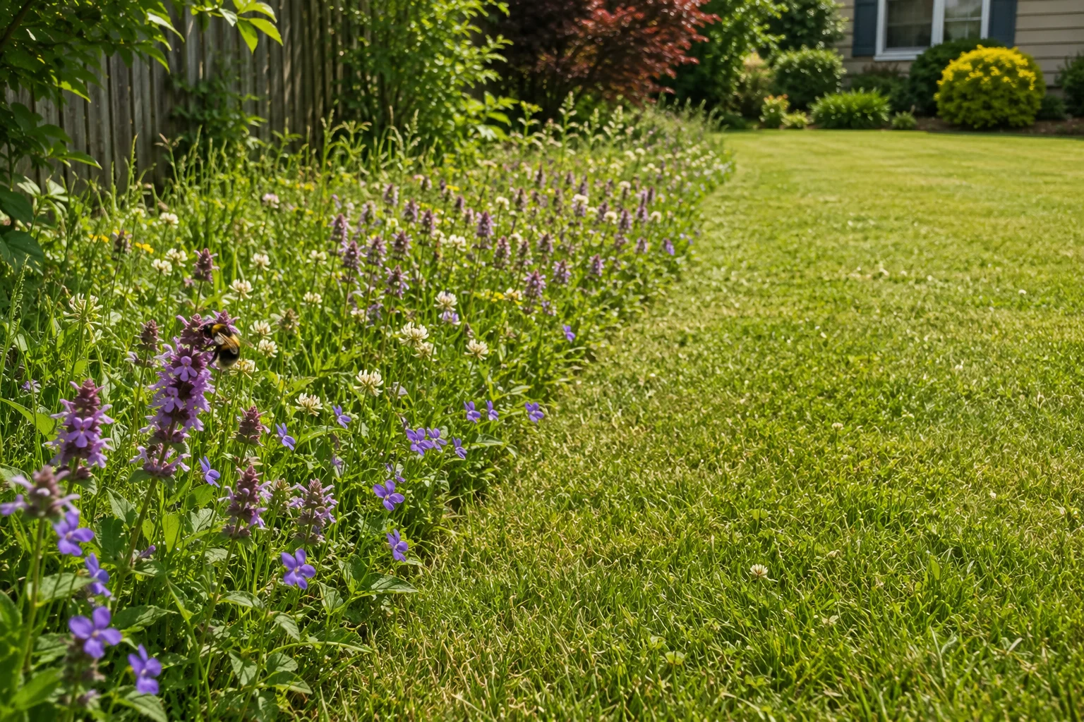 no-mow strip suburban lawn pollinator corridor self-heal clover wild violets bumblebee edge habitat