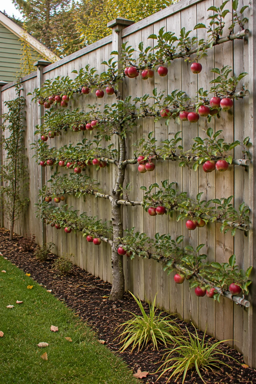 Espaliered apple tree with ripe fruit in a fall garden