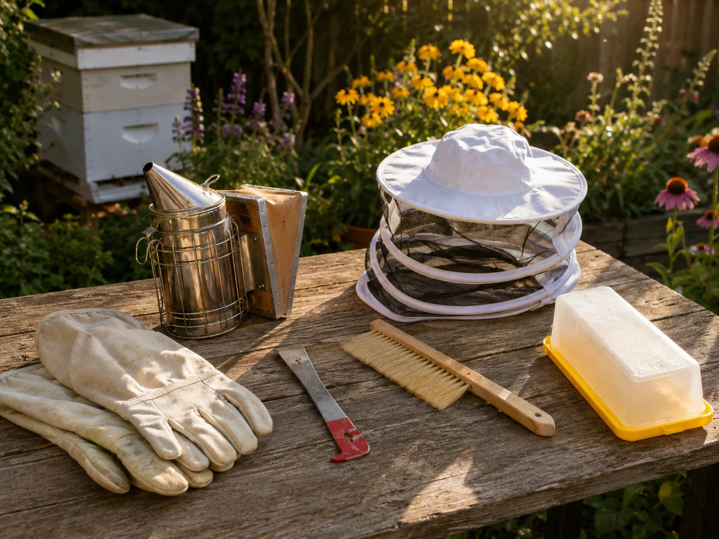 beginner beekeeping equipment hive tool smoker veil gloves bee brush feeder organized garden table