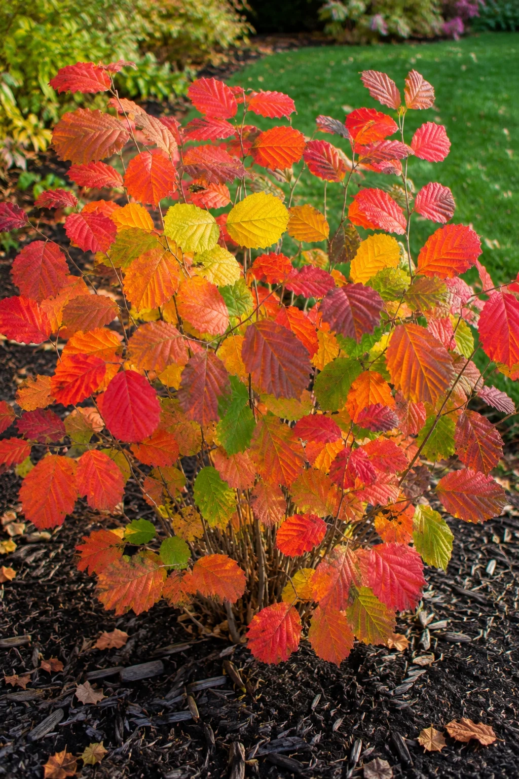 Fothergilla shrub with multi-color fall foliage in a backyard