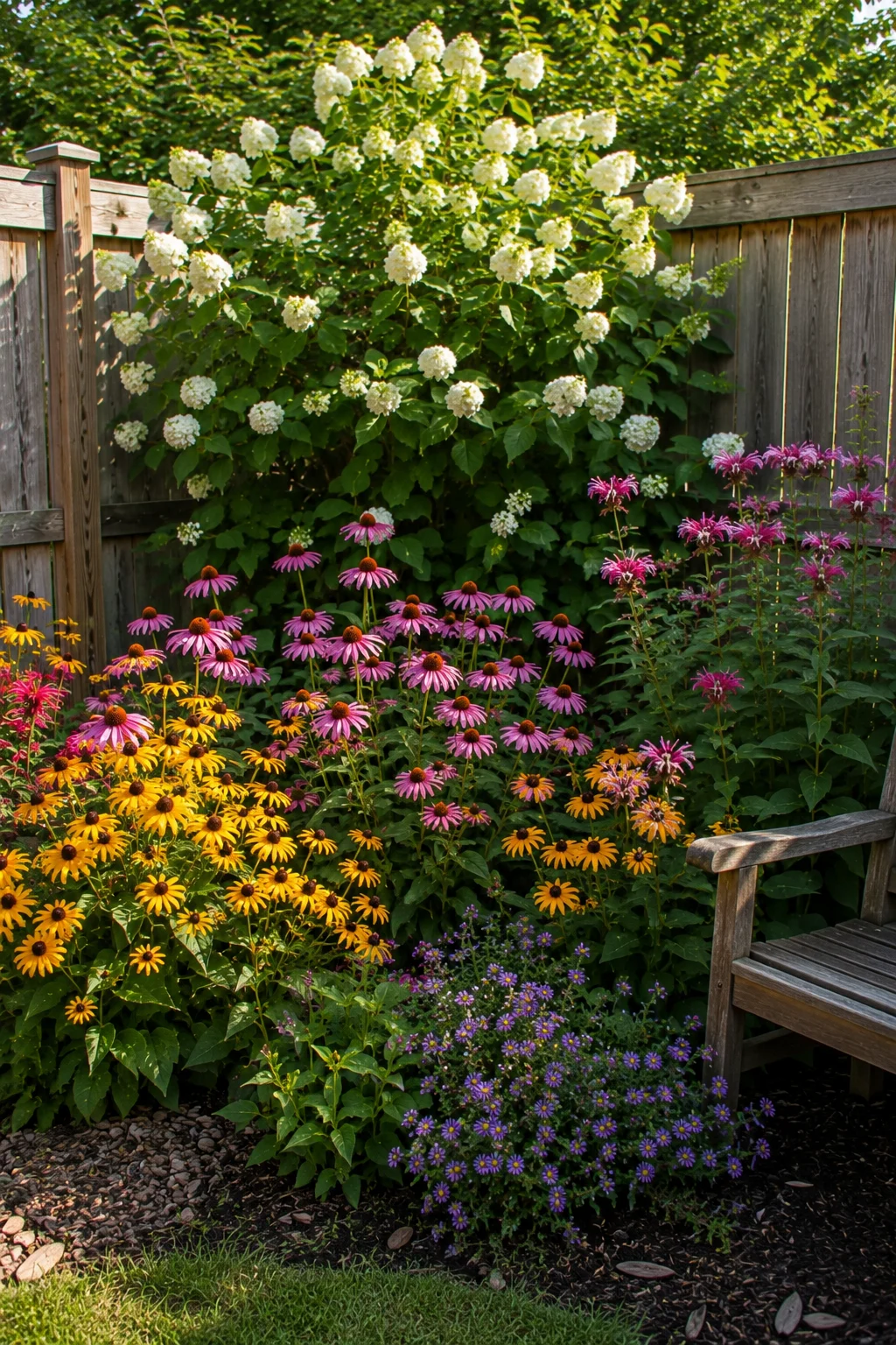 Pollinator garden planting anchoring a backyard corner