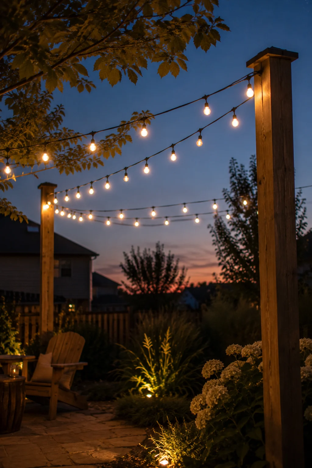 Warm string light canopy over a private backyard retreat seating area