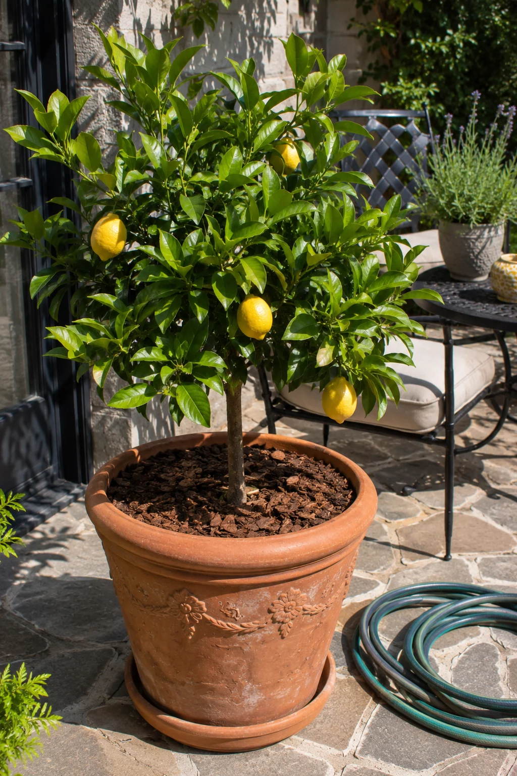 Dwarf Meyer lemon tree in a large patio planter