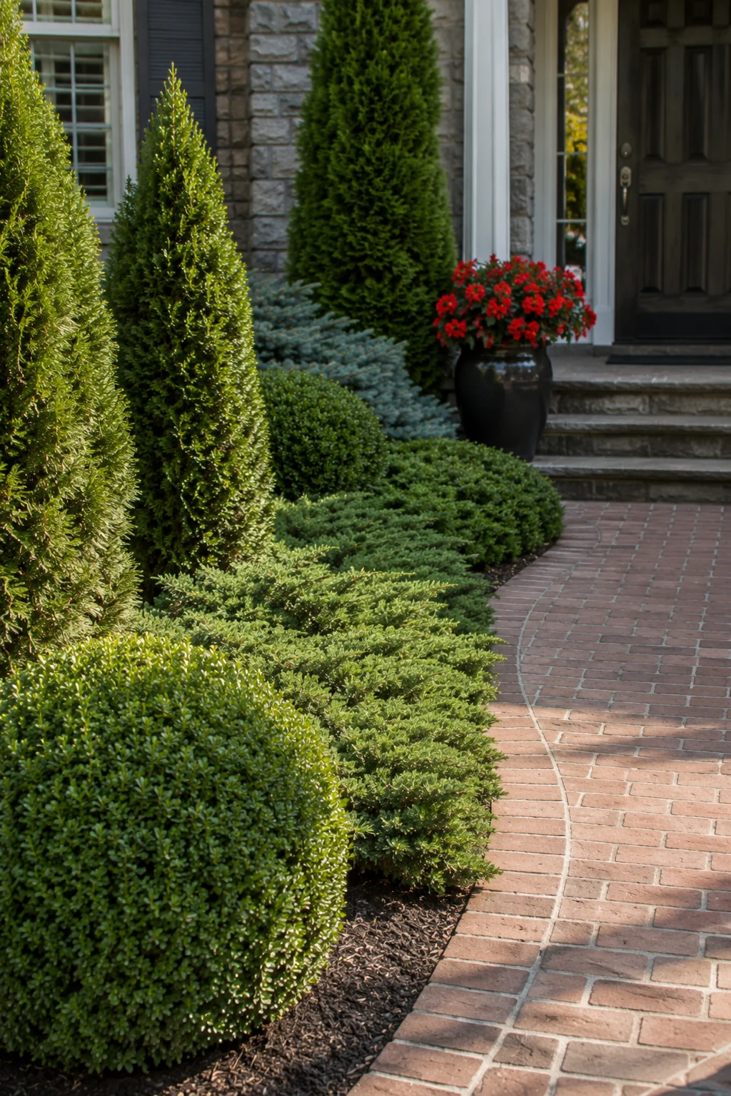 Evergreen front yard planting with a seasonal color accent pot