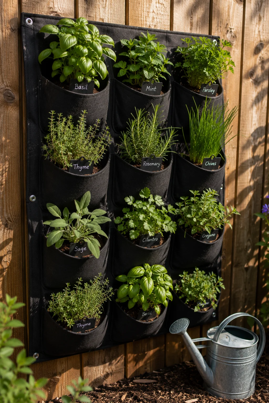 Vertical herb garden with pocket planters mounted on a backyard fence