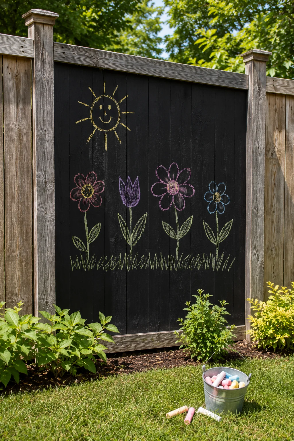 Chalkboard-painted fence panel with chalk drawings in a backyard
