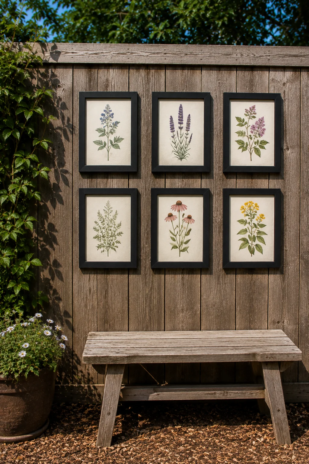 Gallery wall of outdoor frames mounted on a backyard fence