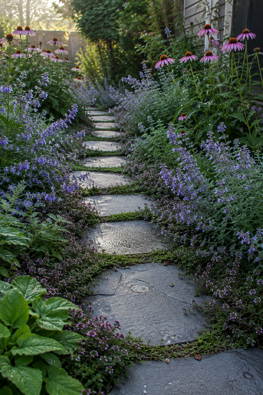 Stepping stone path through a small backyard pollinator garden bed