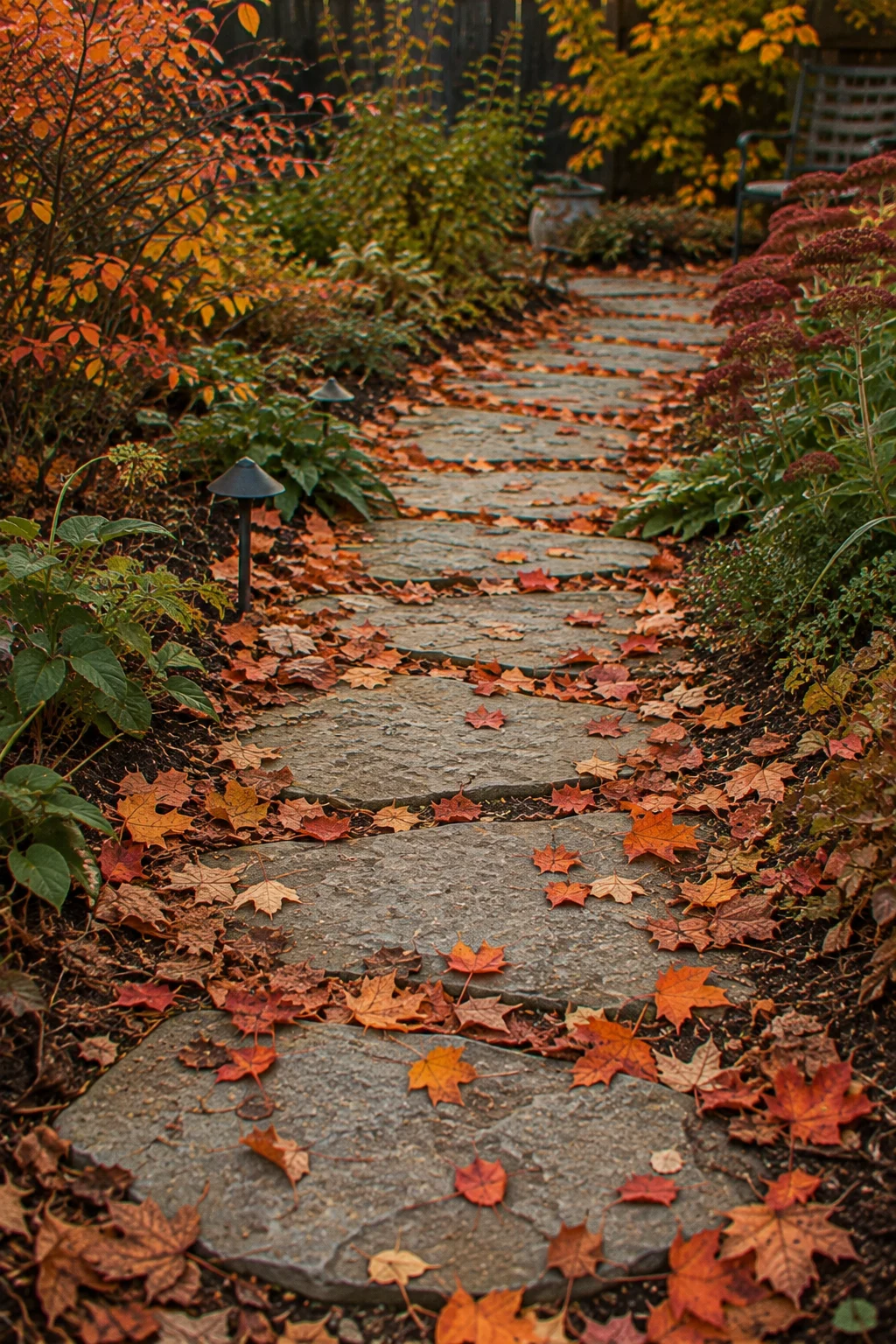 Stone garden path with scattered fall leaves