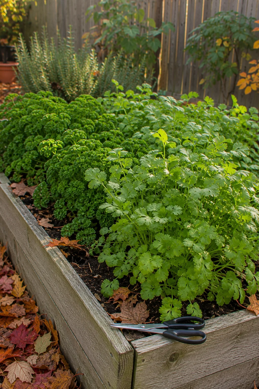 Fall herb bed with fresh cilantro and parsley growth