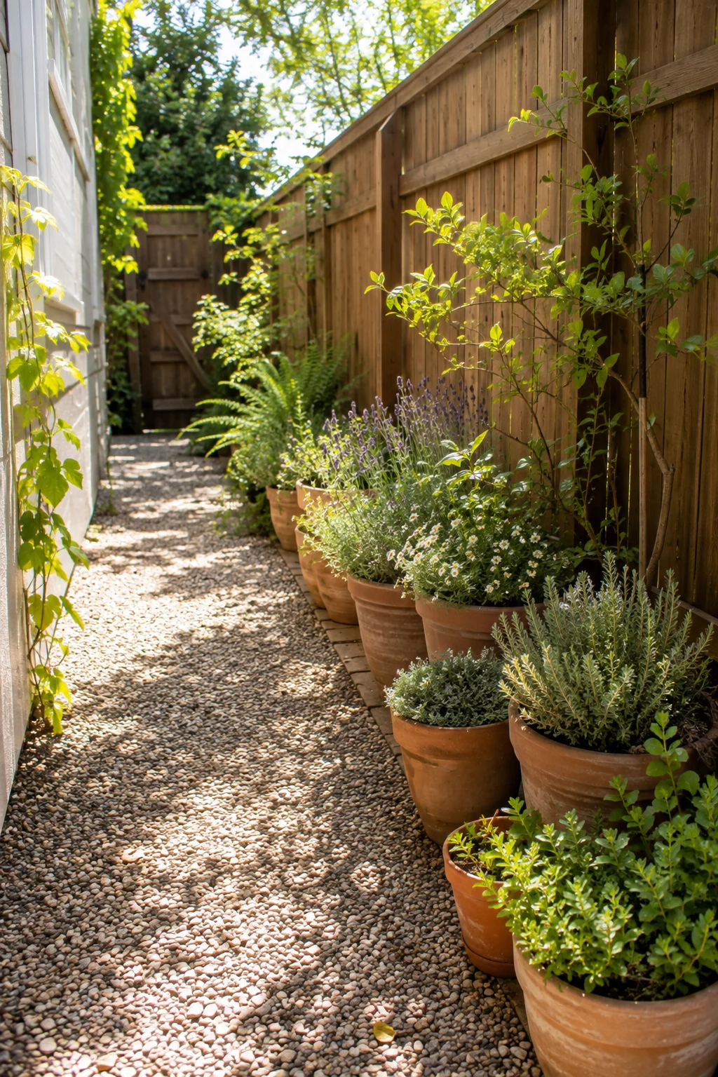 Gravel runner path with potted plants in a narrow side yard