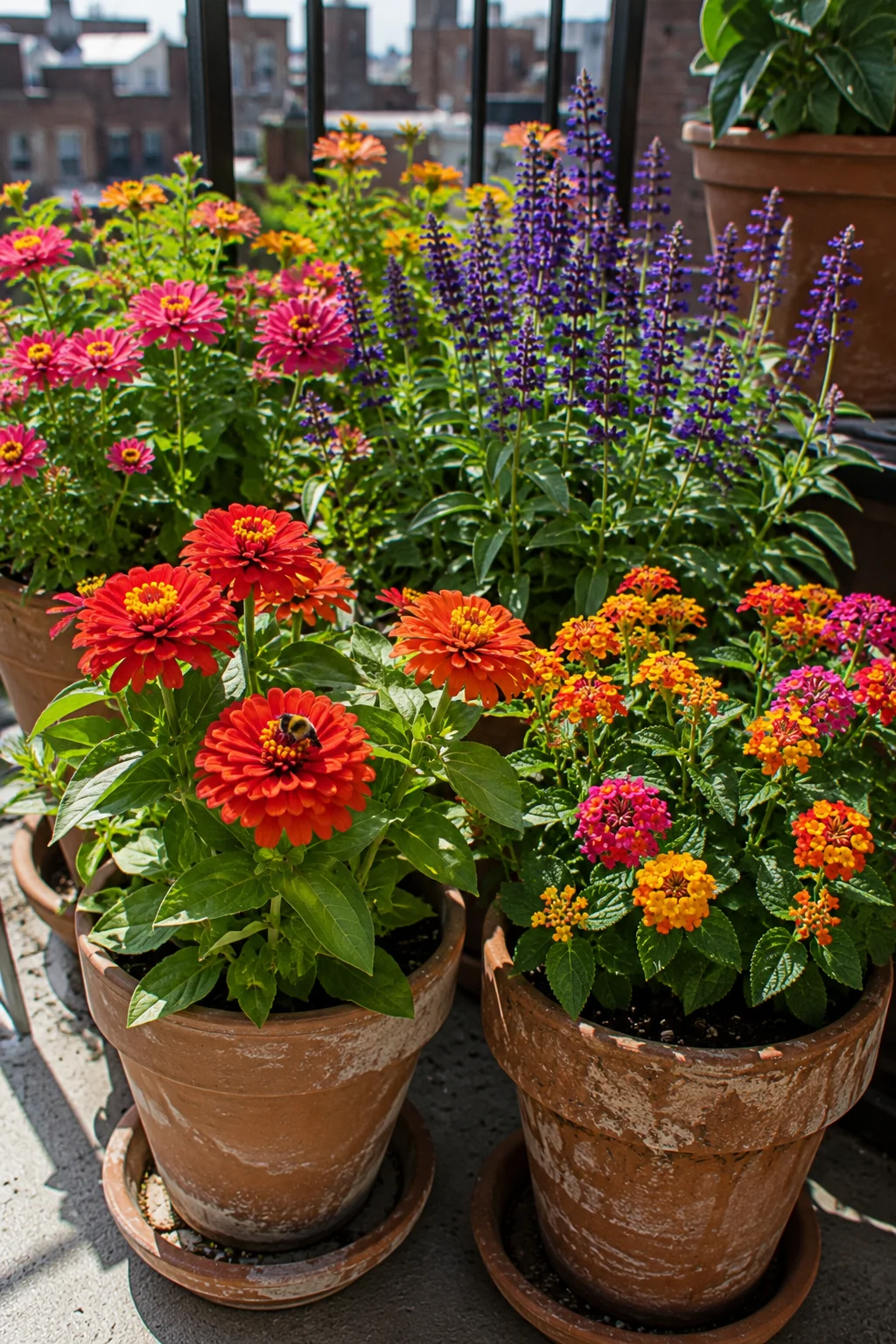 Balcony container cluster planted with pollinator-friendly flowers