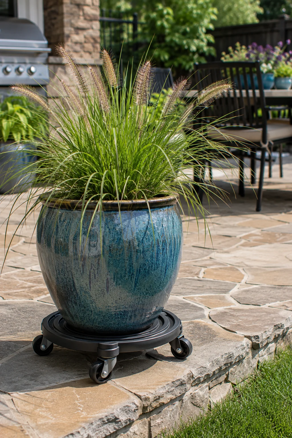 Large planter on a wheeled caddy for easy patio repositioning