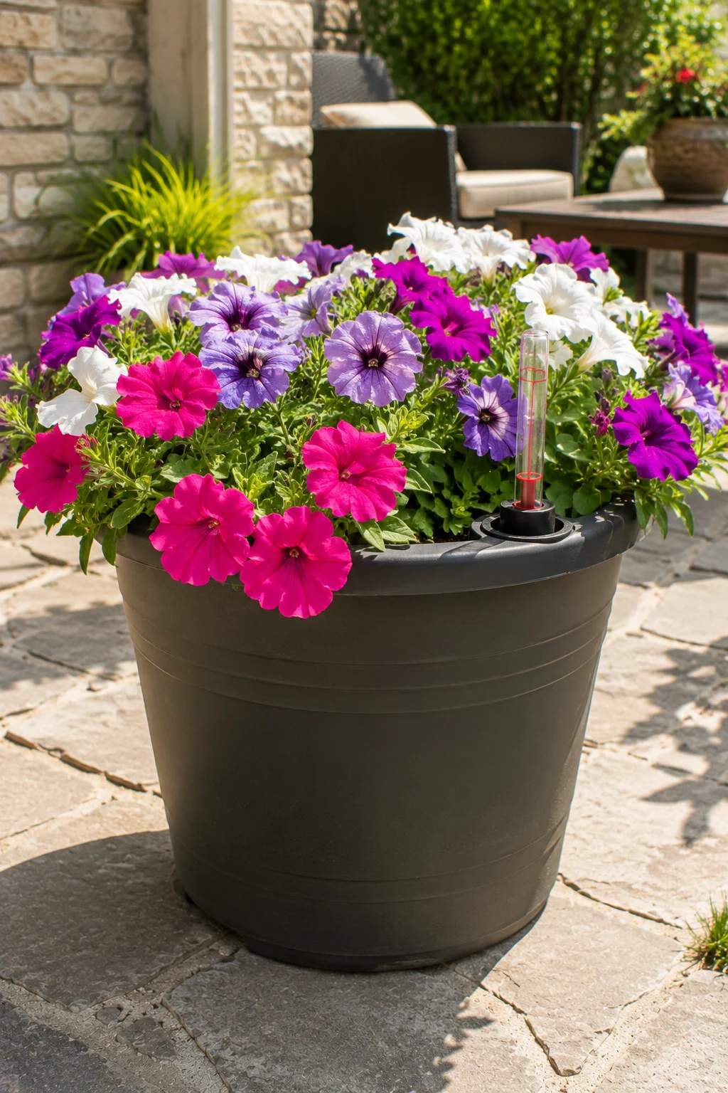 Self-watering planter insert with healthy petunias on a patio