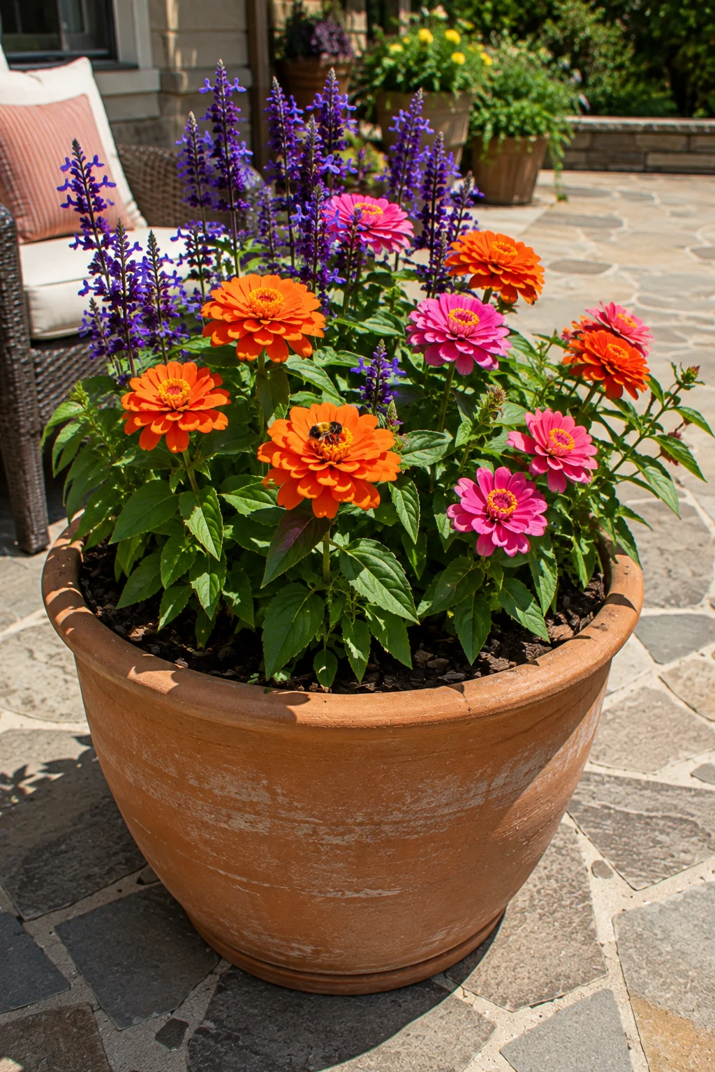 Pollinator-friendly planter with zinnias and a bee on a patio