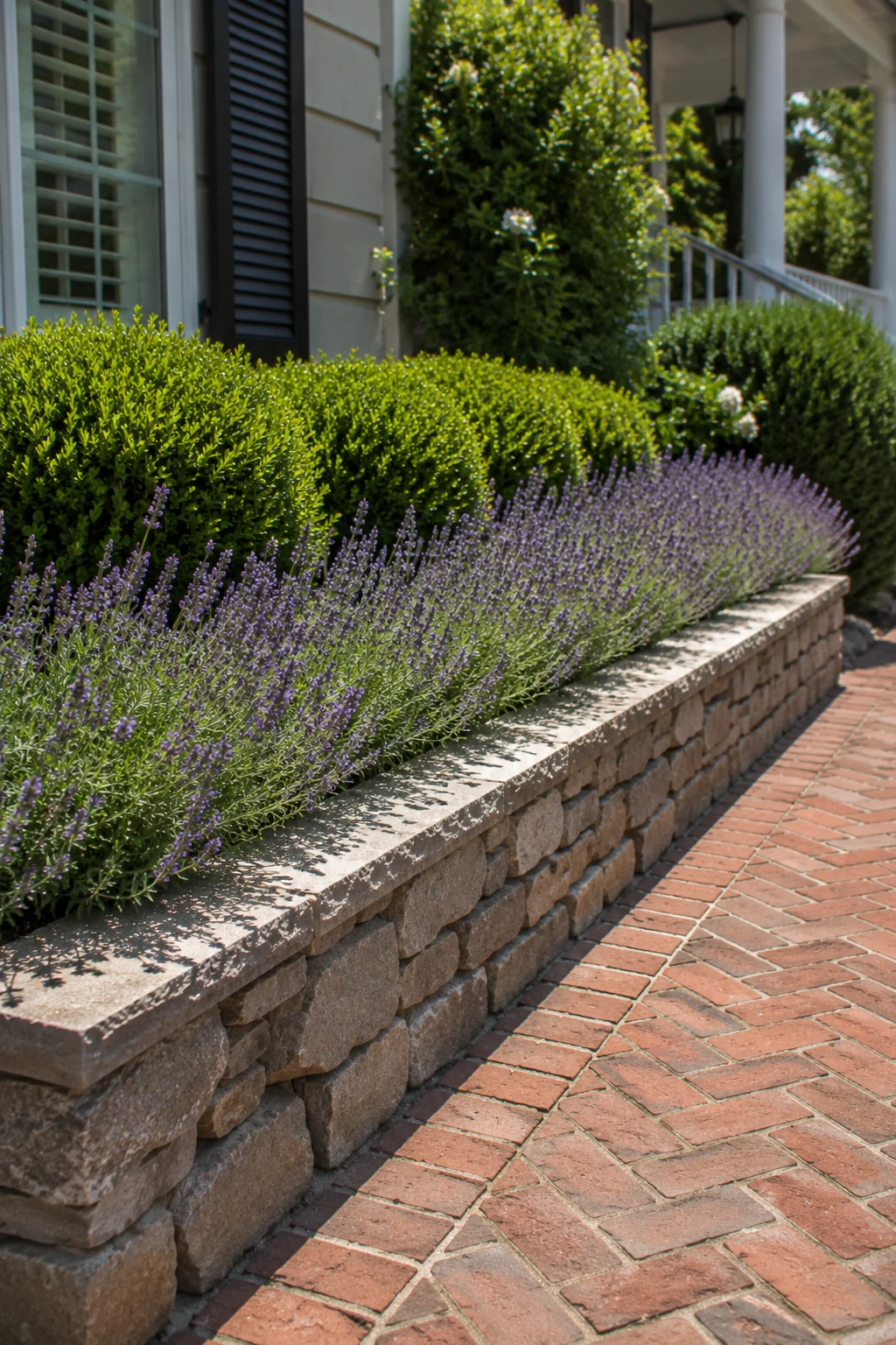 Raised bed border planted along a front yard walkway