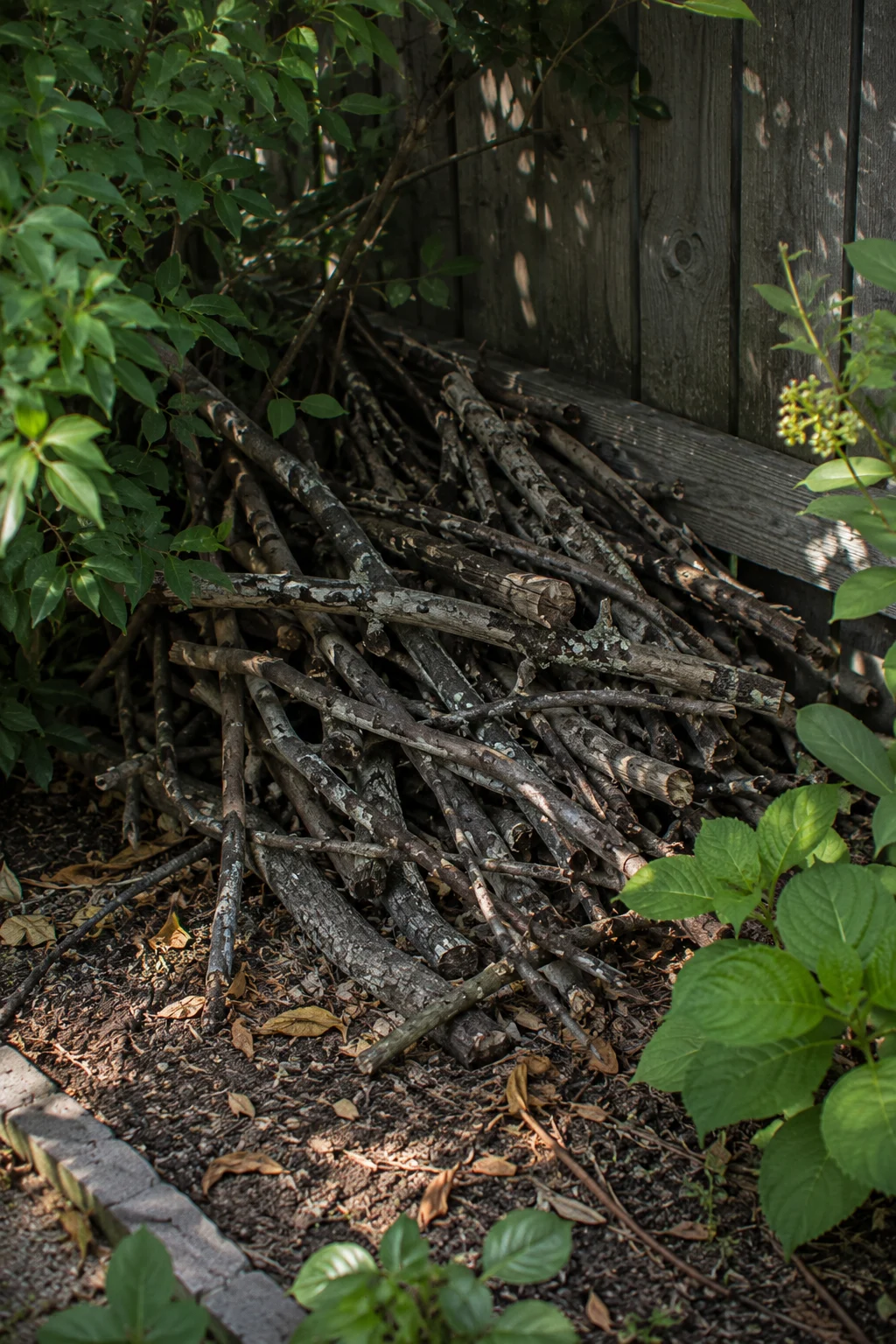 Small brush pile providing pollinator shelter in a backyard corner