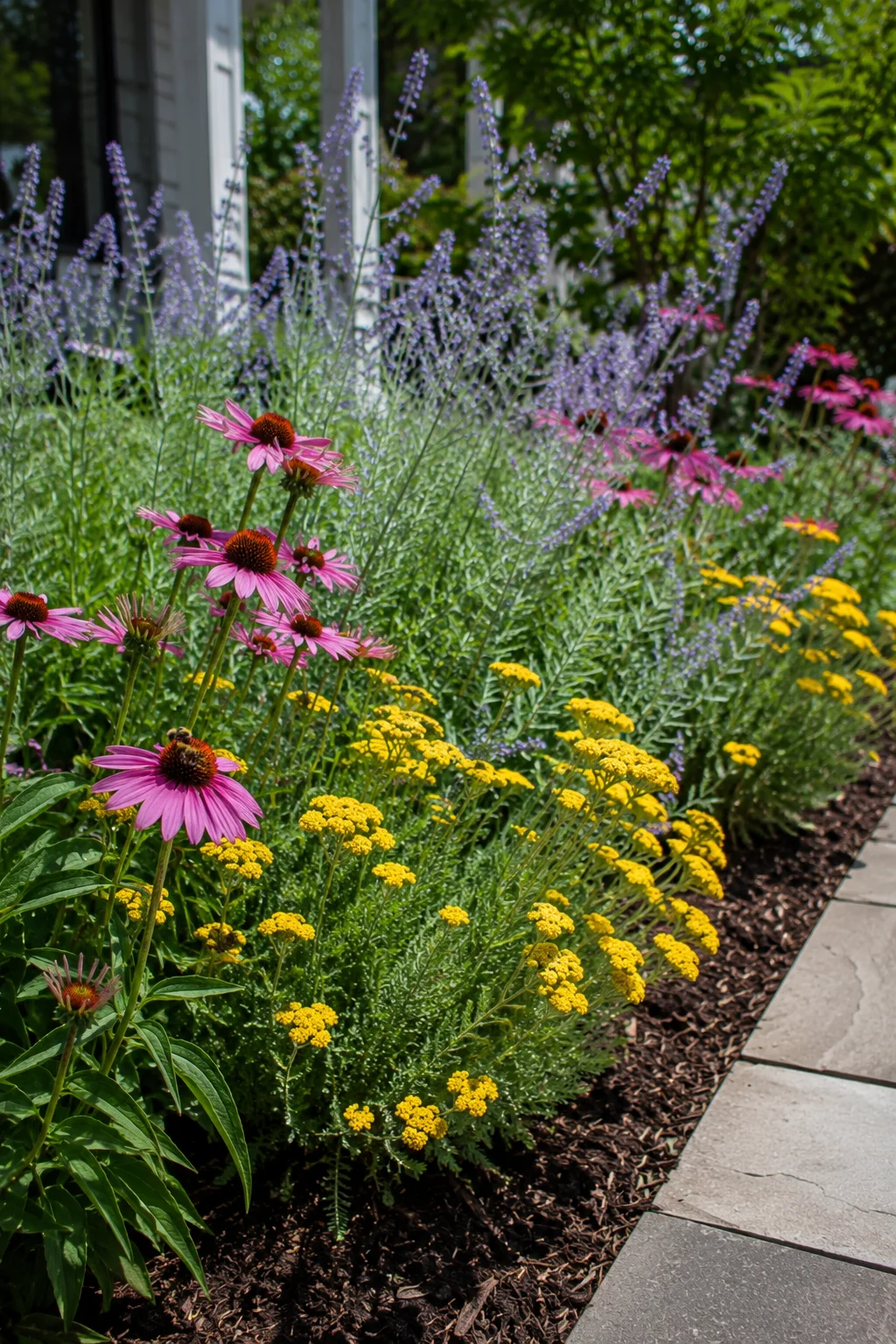 Drought-tolerant perennial mix planted in a front yard bed