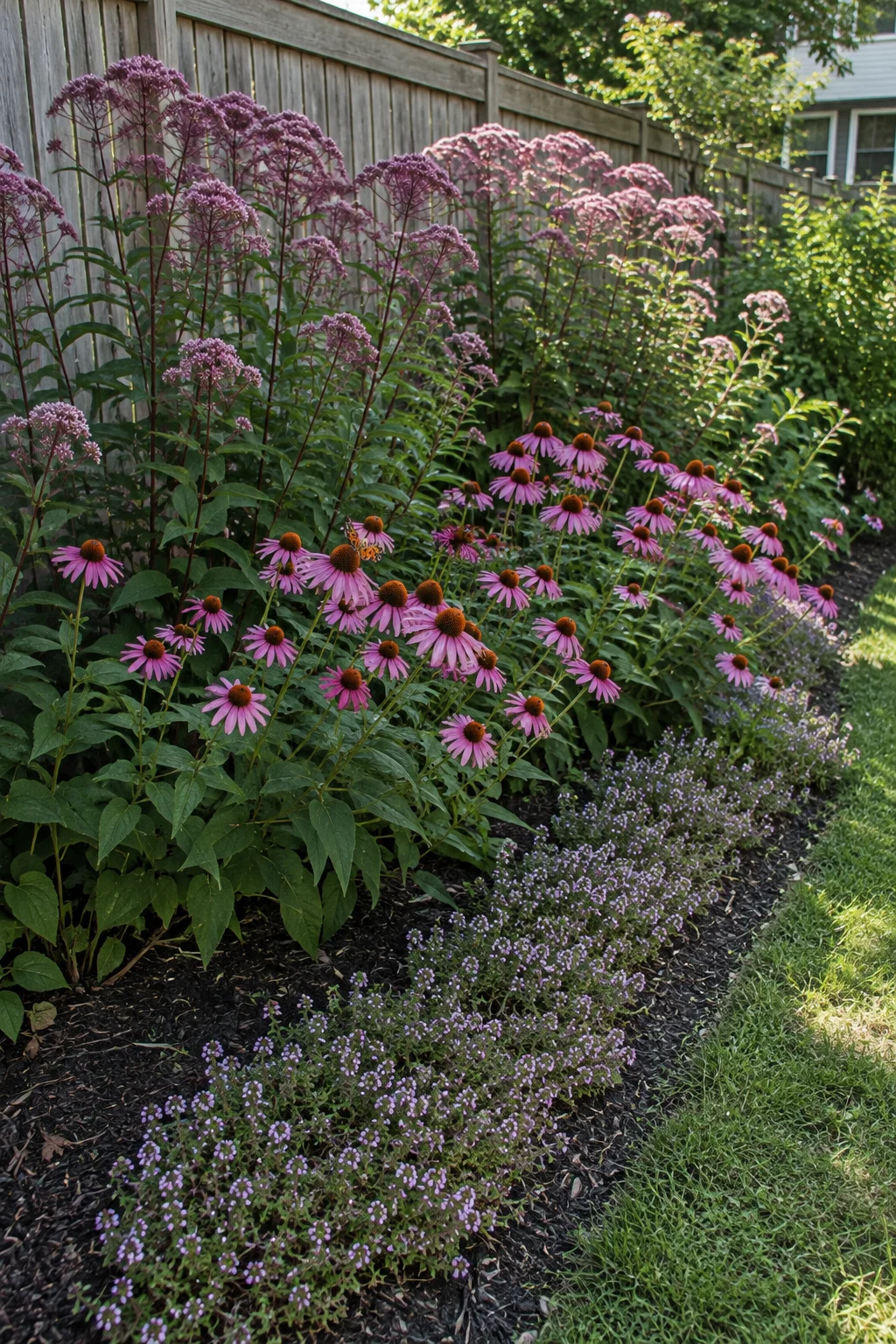 Layered pollinator border planted along a backyard fence