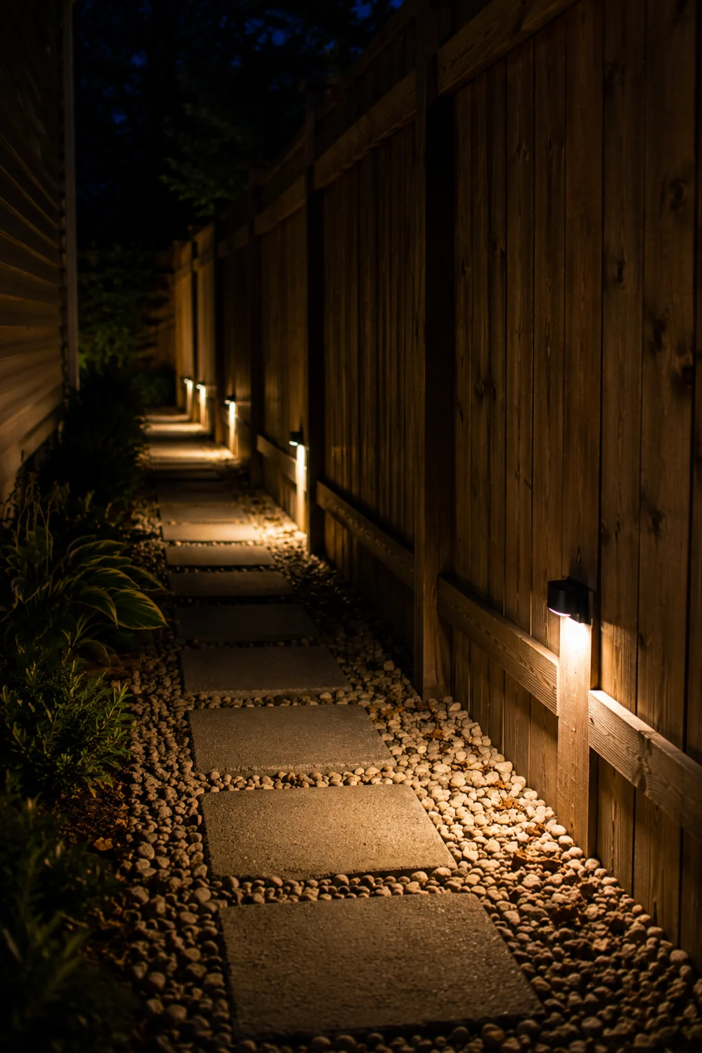 Motion-sensor path lights along a fenced side yard walkway