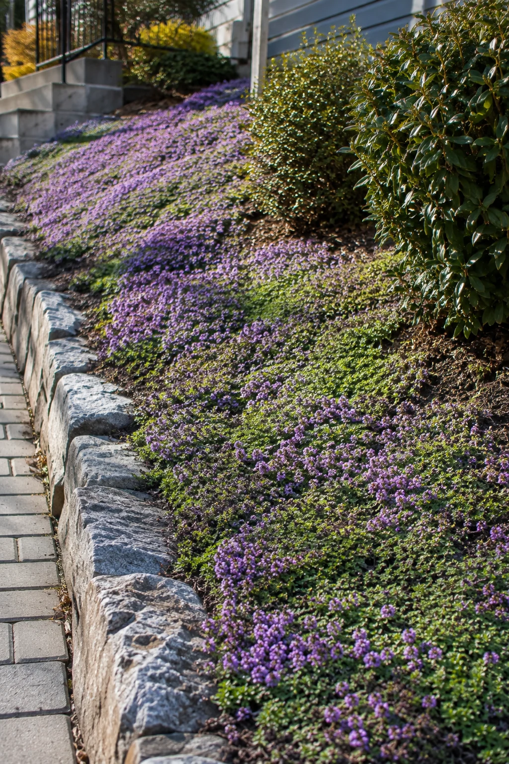 Creeping thyme groundcover replacing turf on a front yard slope