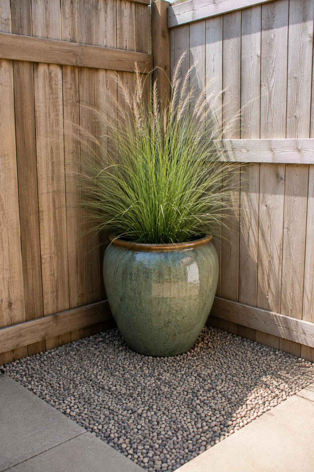 Single anchor planter positioned in a sharp garden corner