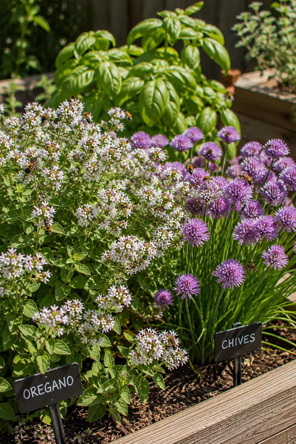 Flowering herbs left unharvested to feed pollinators in a garden bed