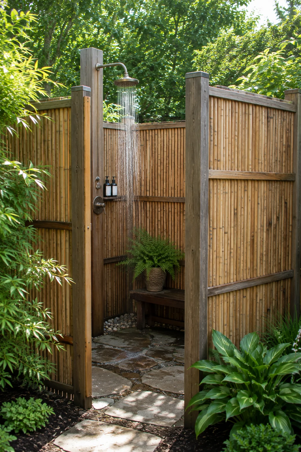 Private outdoor shower corner screened for a backyard retreat