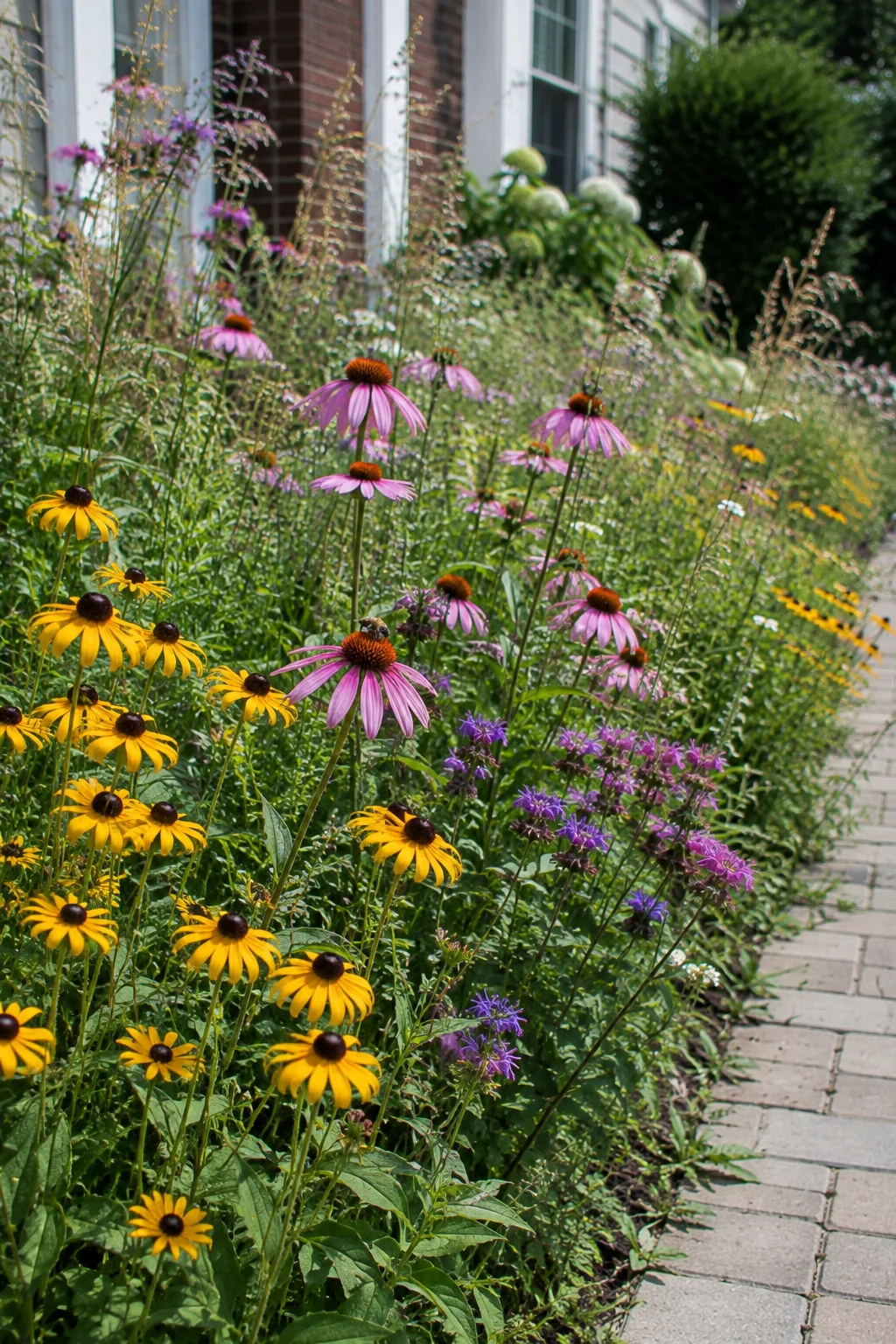 Native wildflower patch planted in a low maintenance front yard