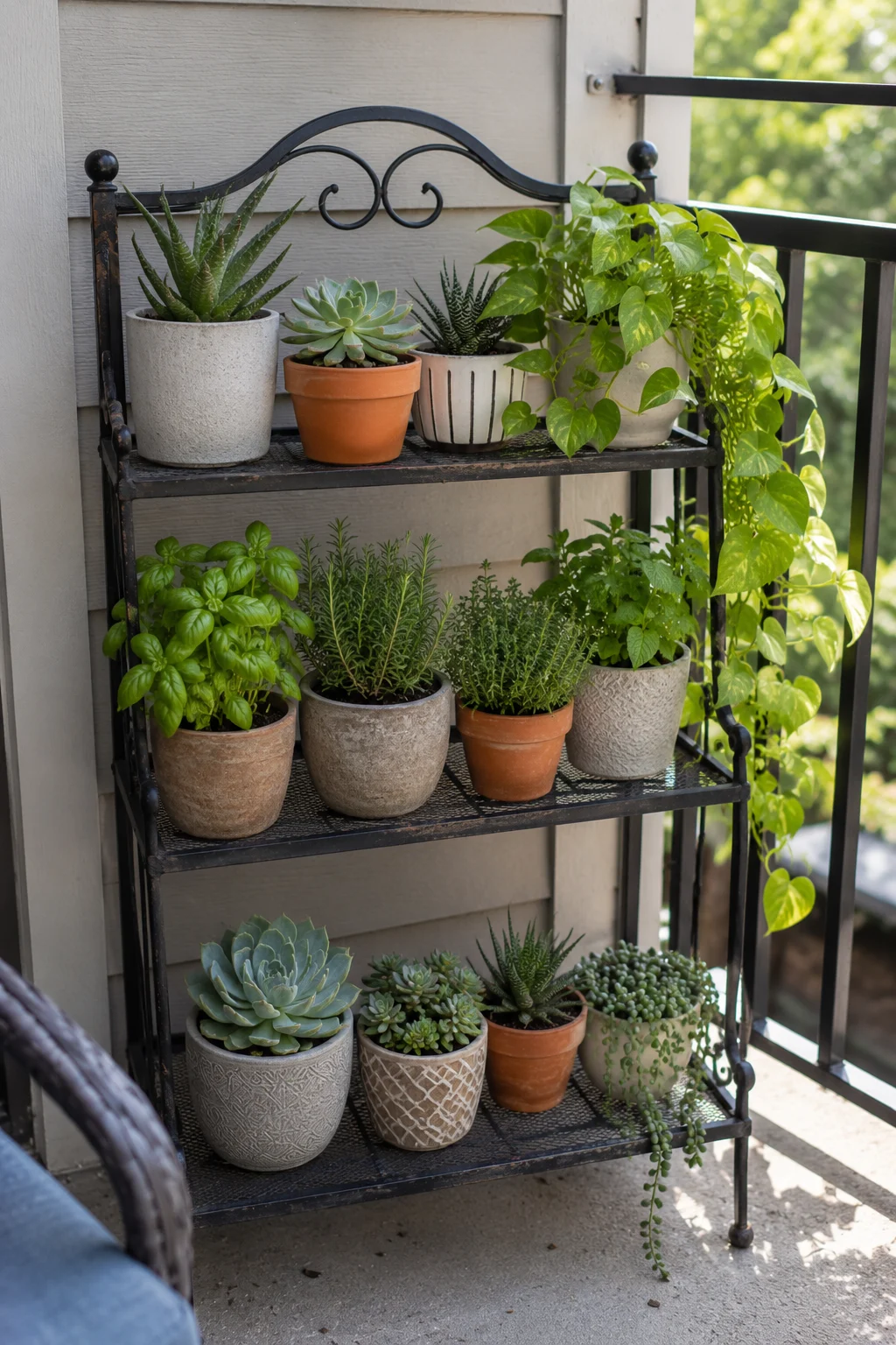 Tiered plant stand with small pots on a narrow patio