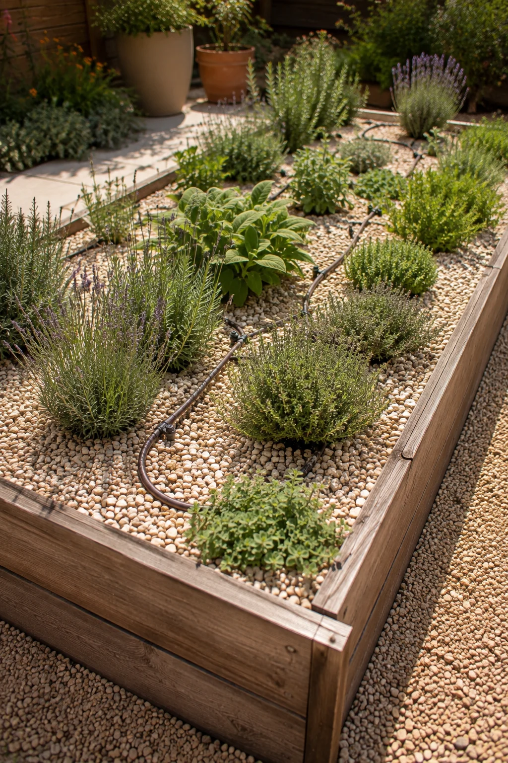 drip irrigation gravel mulch raised bed design idea