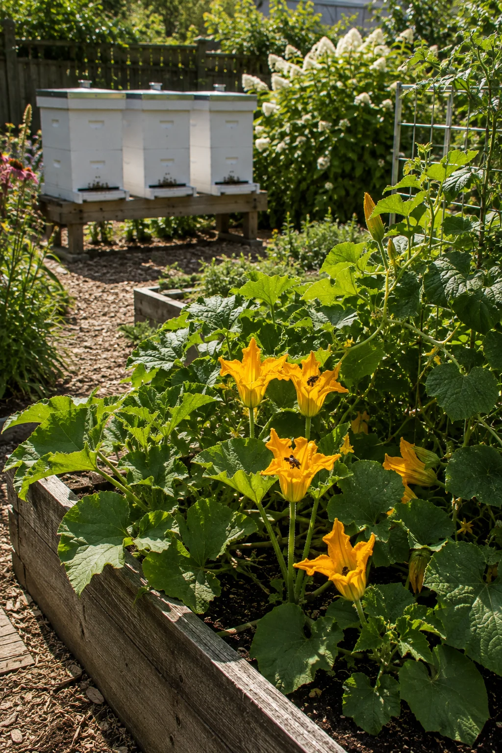Vegetable garden bed positioned near backyard beehives for pollination