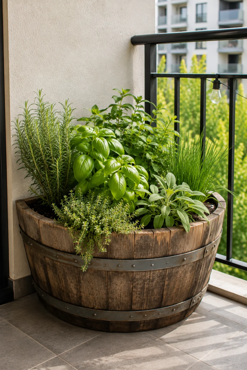 repurposed barrel planter balcony garden idea