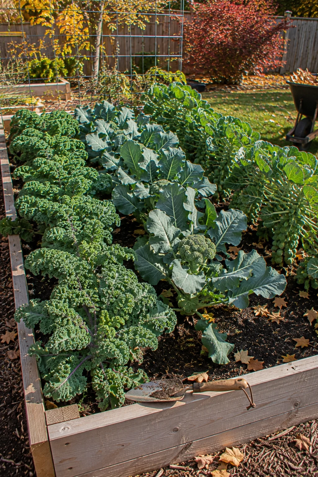 Fall vegetable bed with kale and broccoli growing